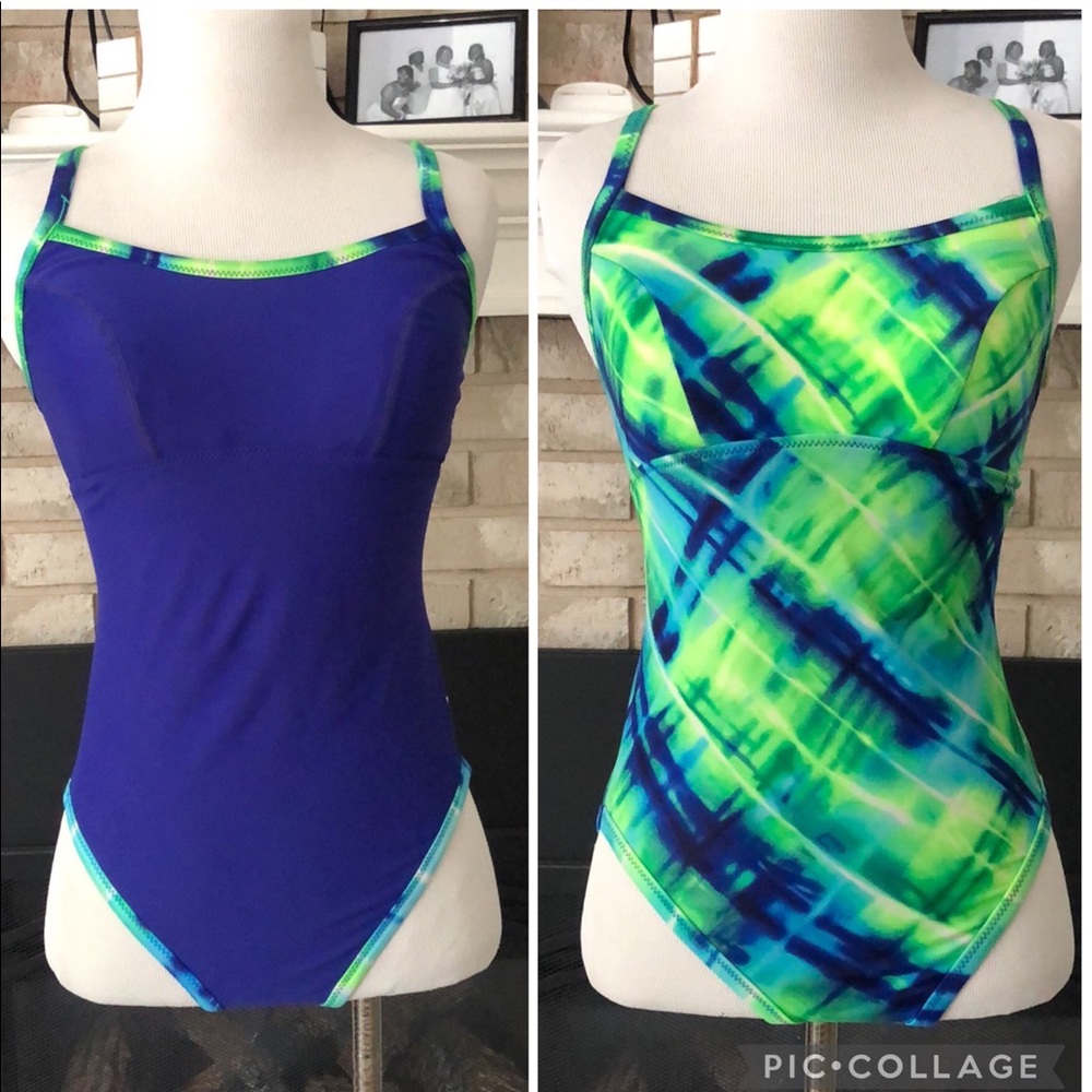 TYR Reversible Blue Tie Dye Blue Green Racerback Padded Cups Swimsuit size XS